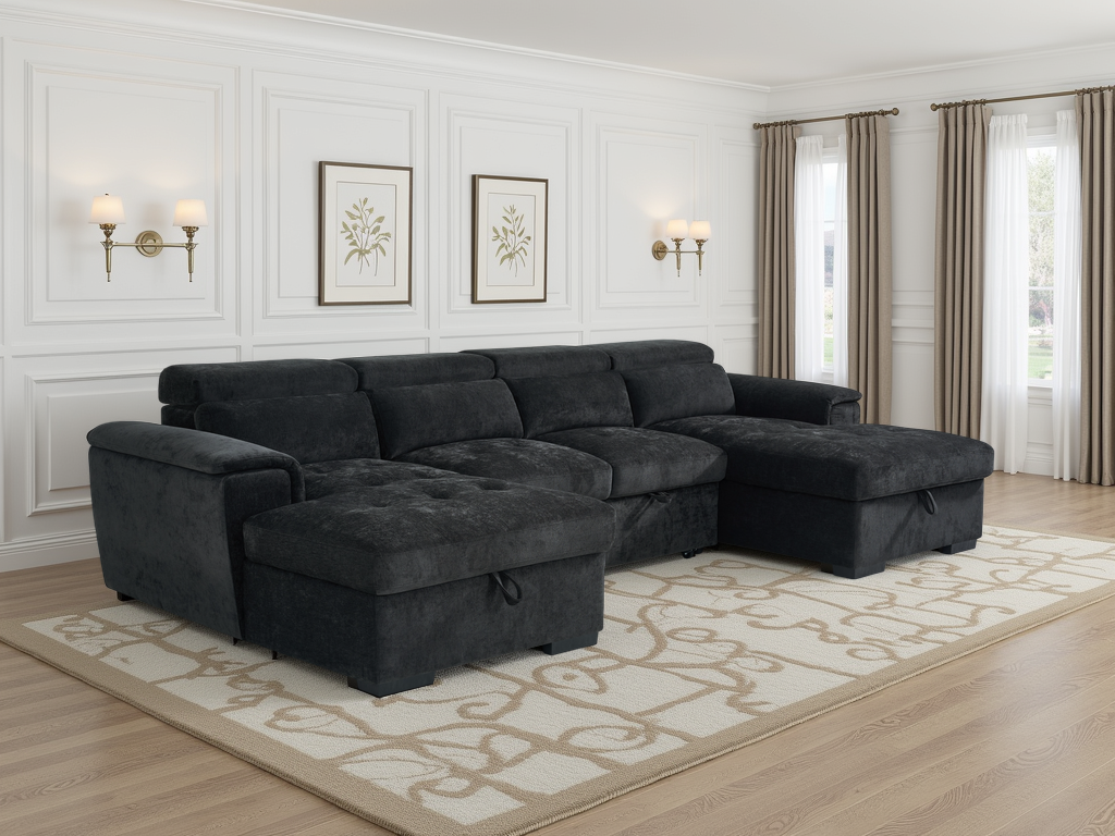 Gray sectional sofa in a living room with white walls, framed pictures, and curtains.
