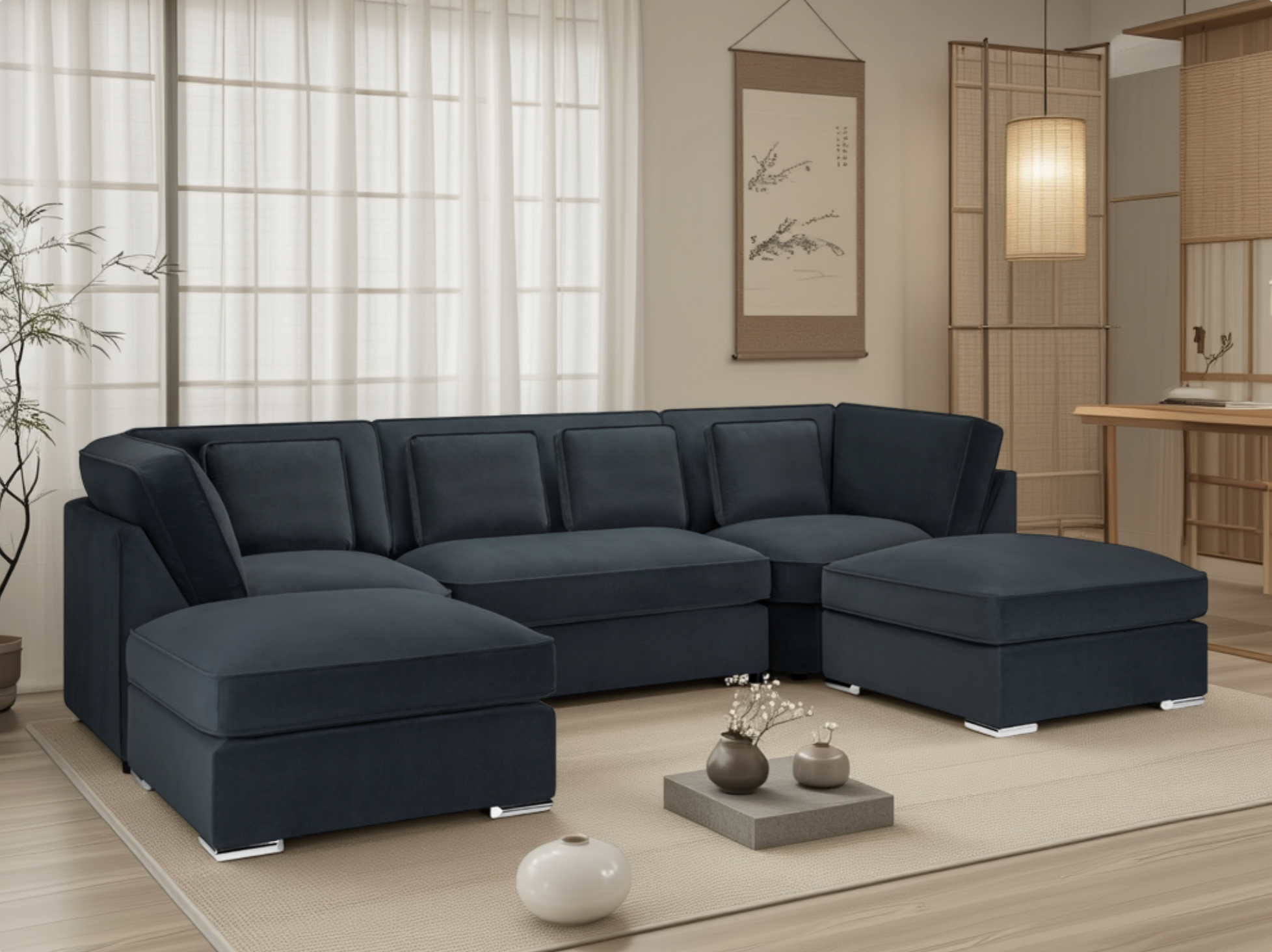 Modern dark blue sectional sofa in a living room setting with decor elements.