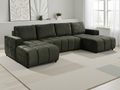 Gray sectional sofa in a living room setting with decor elements.