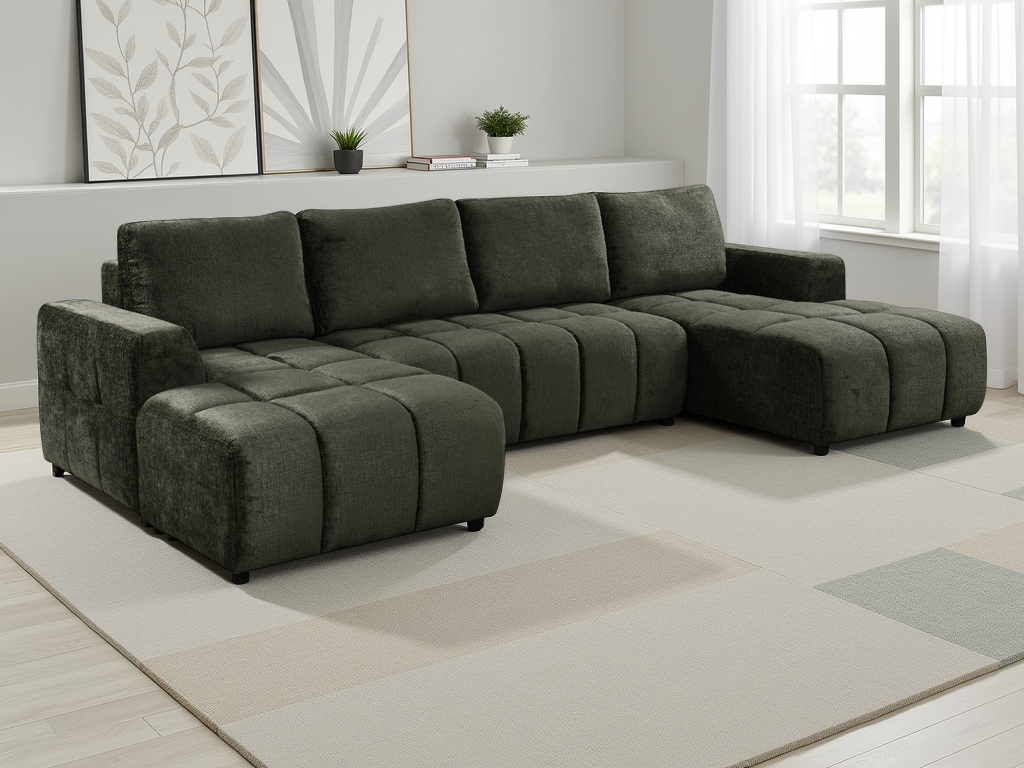 Gray sectional sofa in a living room setting with decor elements.