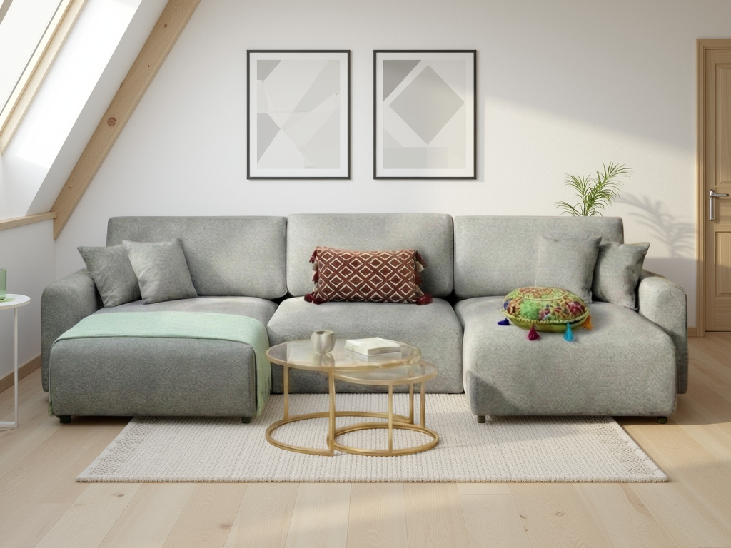 Gray sectional sofa in a living room with a coffee table and decorative items.