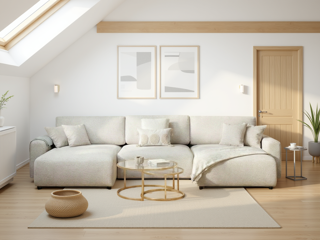 Modern living room with a white sectional sofa, coffee table, and decorative items.