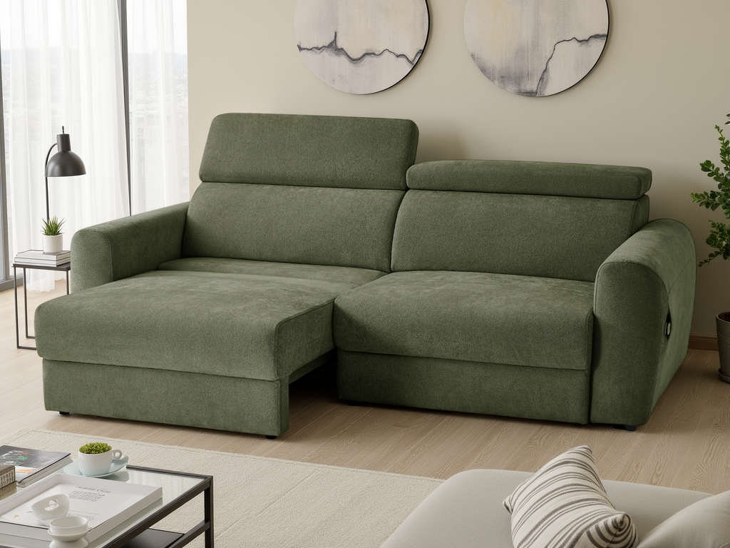 Green sectional sofa in a living room setting with decor elements.
