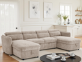 Beige sectional sofa in a living room with decor elements.