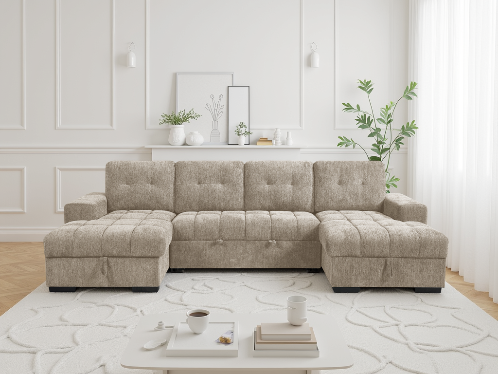 Beige sectional sofa in a modern living room with decor elements.
