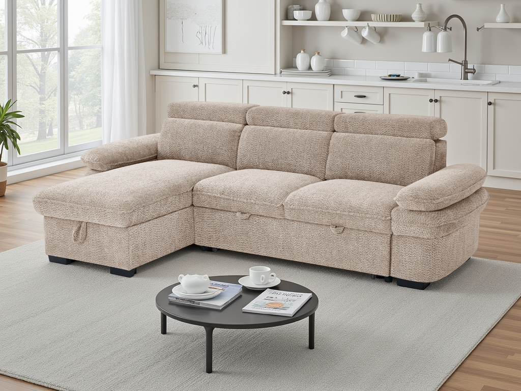 Beige sectional sofa in a living room with a coffee table and kitchen in the background.