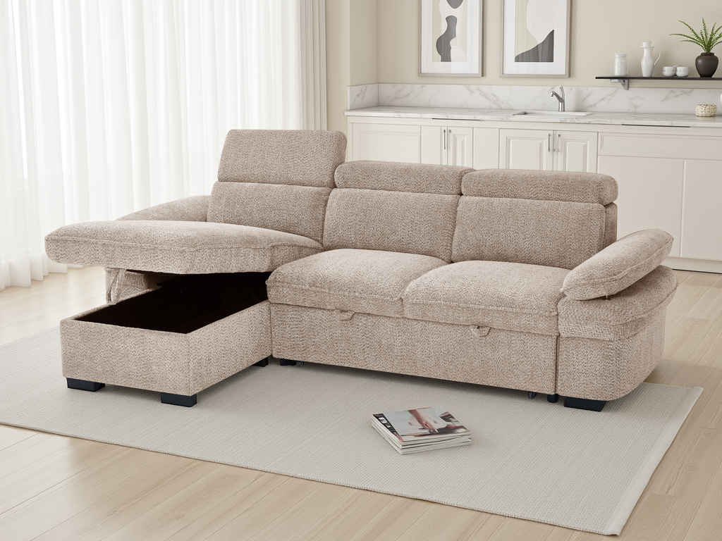 Beige sectional sofa with storage compartment in a living room setting.