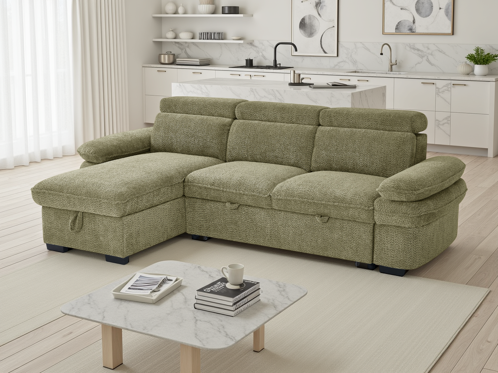 Green sectional sofa in a living room with a coffee table and books.