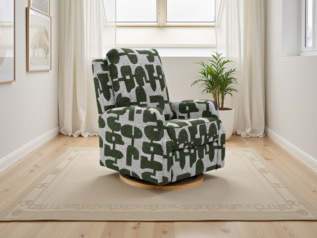 Patterned armchair in a room with light wood flooring and white walls.