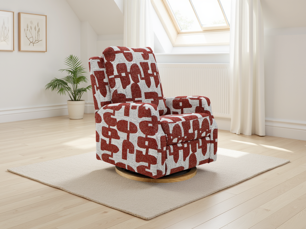 Red and white patterned armchair in a bright room with light wood flooring and white walls.