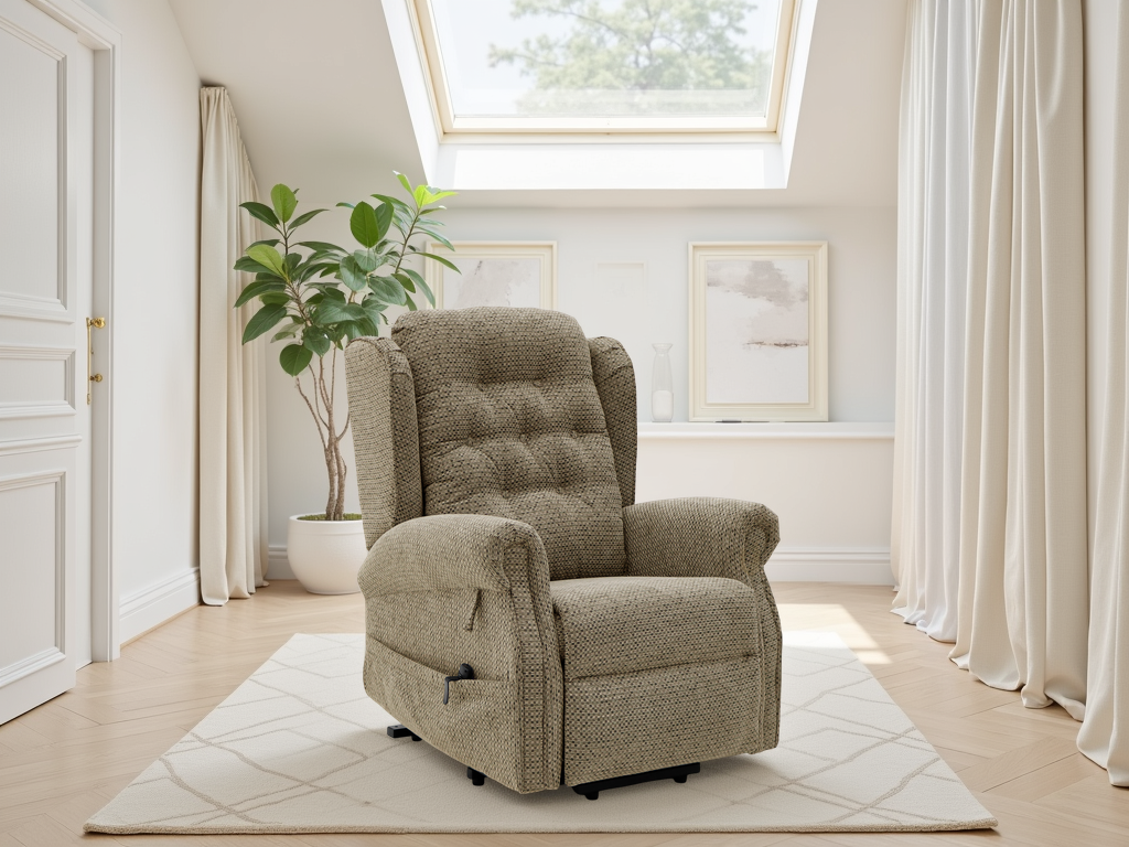 Brown recliner chair in a bright room with a skylight and white curtains.