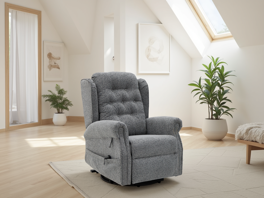 Gray recliner chair in a modern living room with plants and light wood flooring.