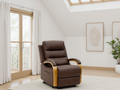 Brown recliner chair in a bright room with large windows and white walls.