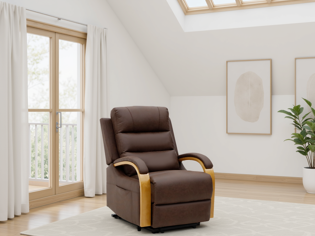 Brown recliner chair in a bright room with large windows and white walls.