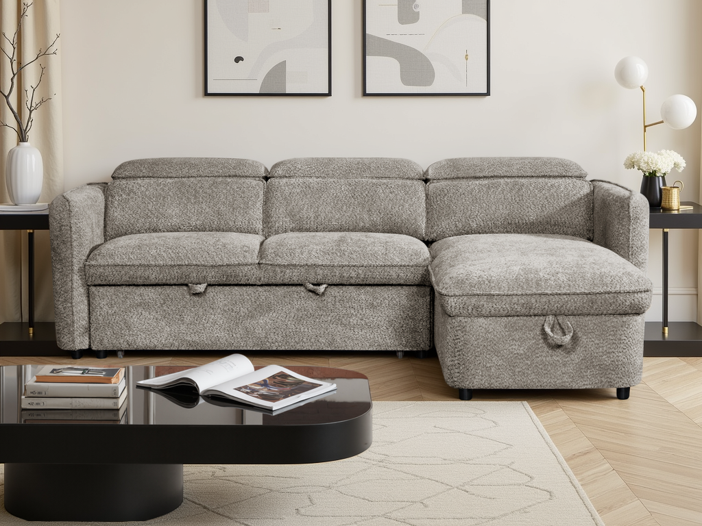 Gray sectional sofa in a living room with a coffee table and decorative items.