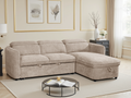 Beige sectional sofa in a living room setting with decor elements.