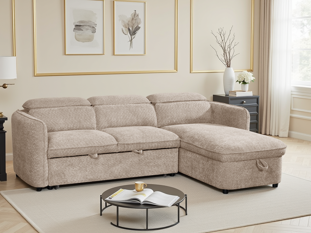 Beige sectional sofa in a living room setting with decor elements.