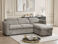 Gray sectional sofa in a living room setting with decor elements.