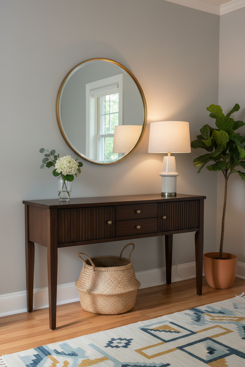 Console table with round mirror, lamp, and decorative items in a room.