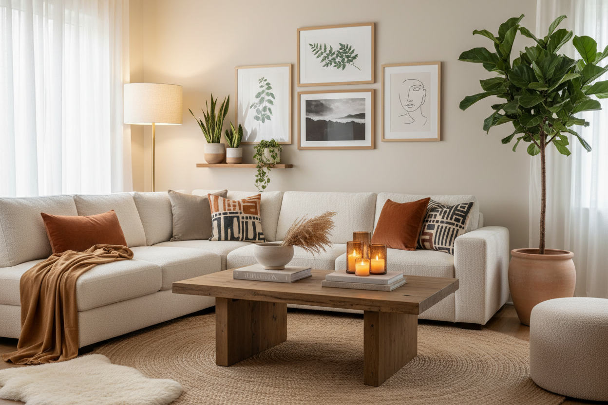 Cozy living room with a white sectional sofa, wooden coffee table, and decorative elements. LA Home Decor 