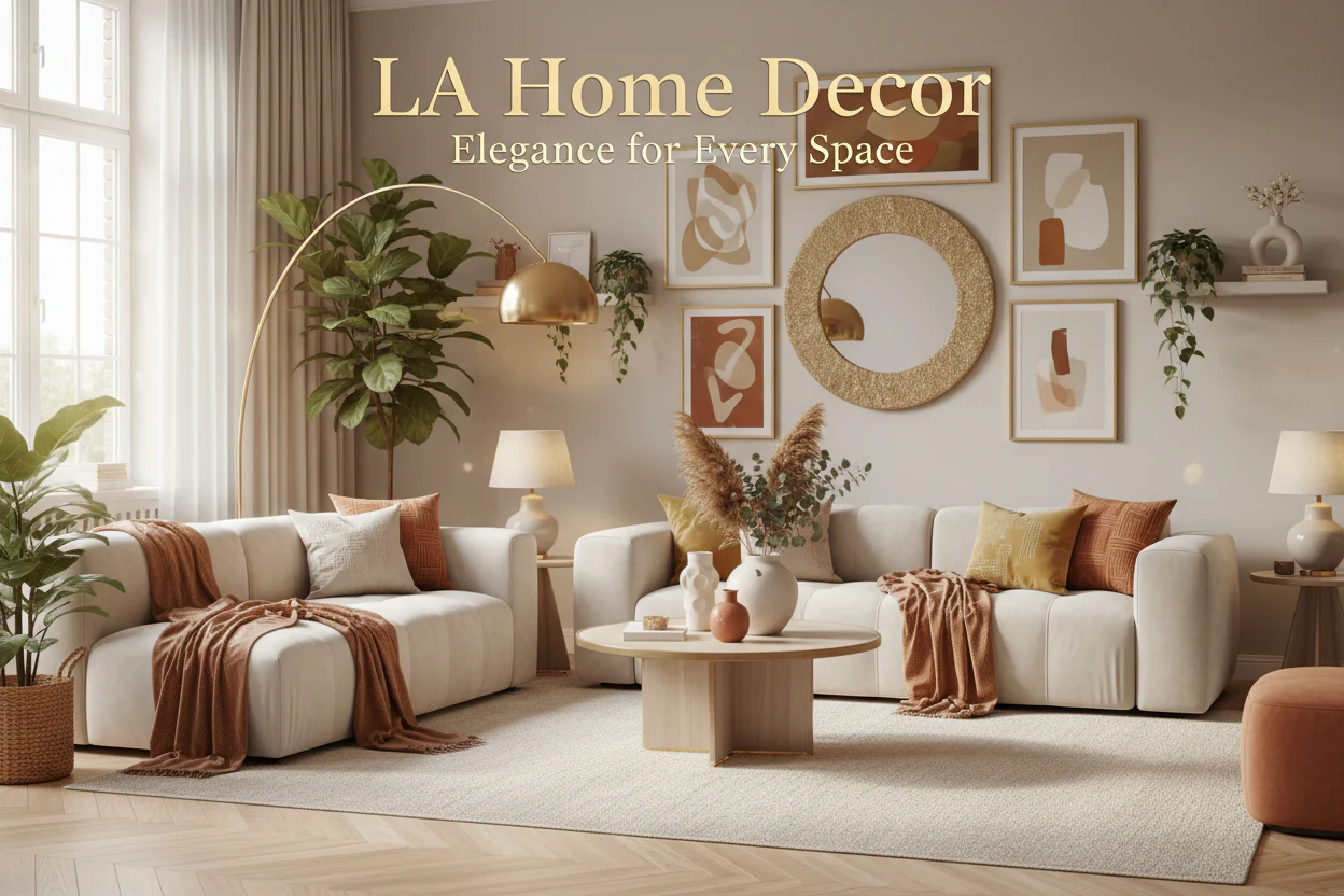 Living room with white sofa, decorative pillows, and plants with 'LA Home Decor' text.