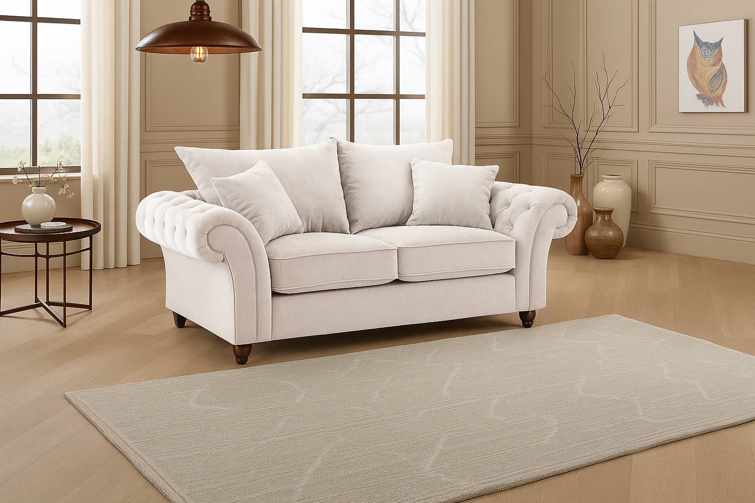 White sofa in a living room with a rug and decorative items.