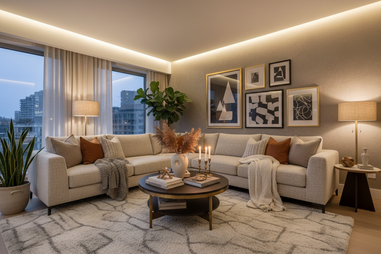 Modern living room with a sectional sofa, coffee table, and decorative elements.