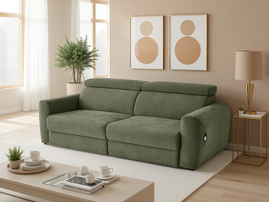 Green sofa in a living room with decor elements.