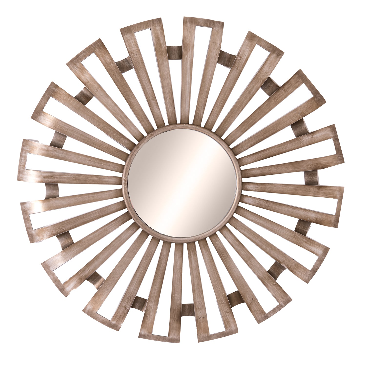 Decorative wall mirror with sunburst design on a white background