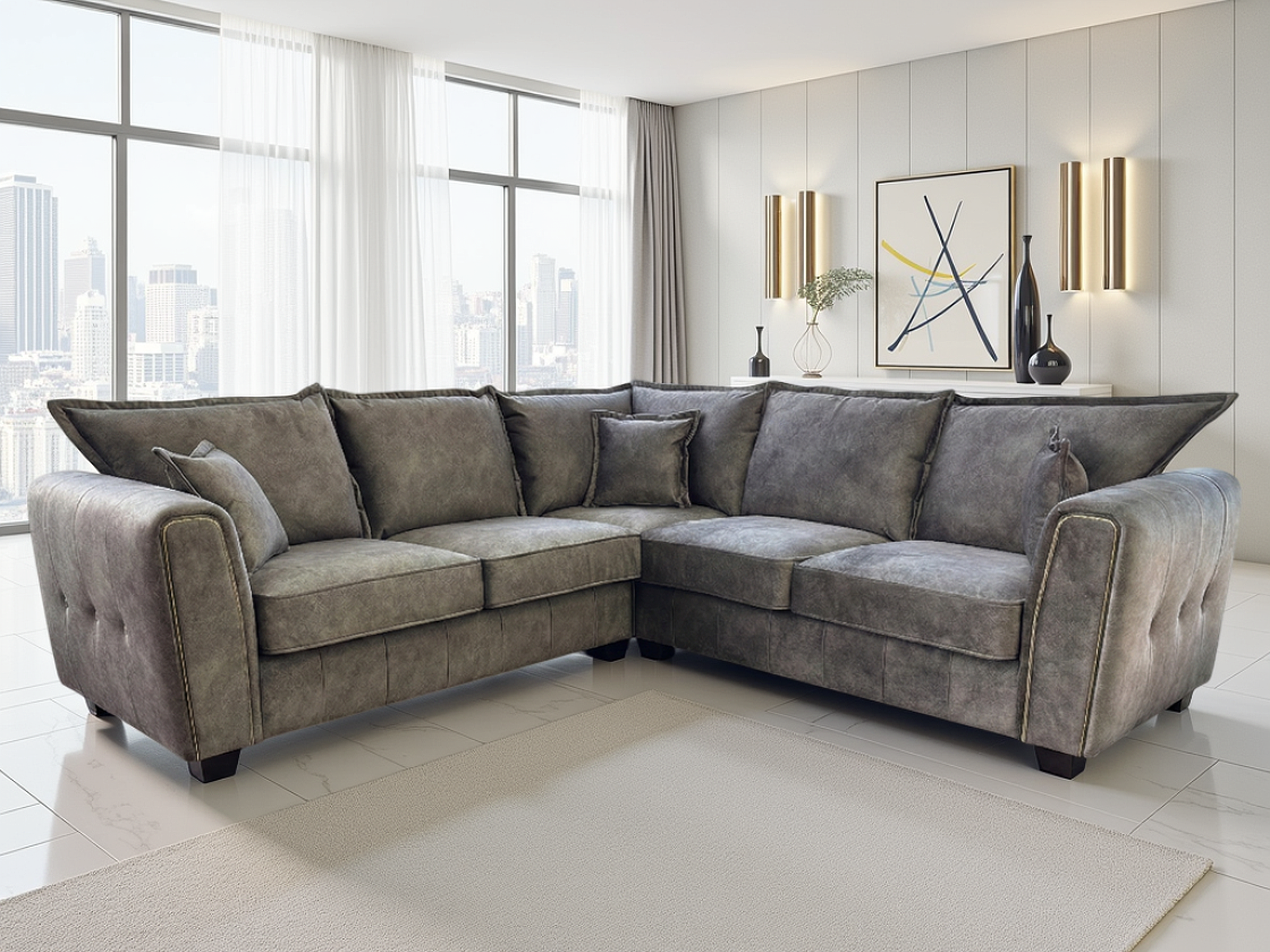 Gray sectional sofa in a modern living room with large windows and decorative elements.