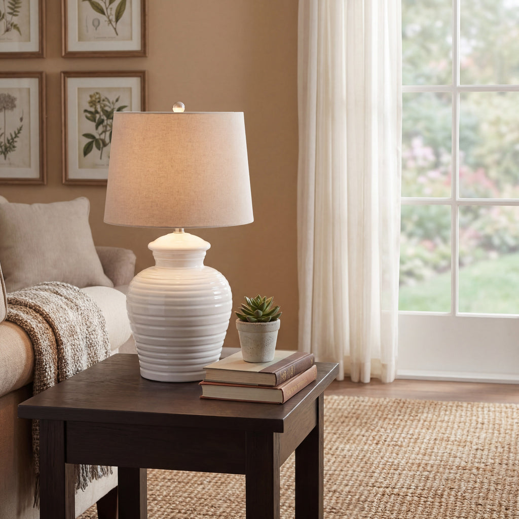 White Ceramic Pot Lamp With Linen Shade - Main product image | LA Home Decor